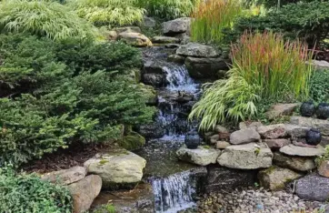 Backyard landscape design with natural stone waterfall and garden plants in Cuyahoga County Ohio