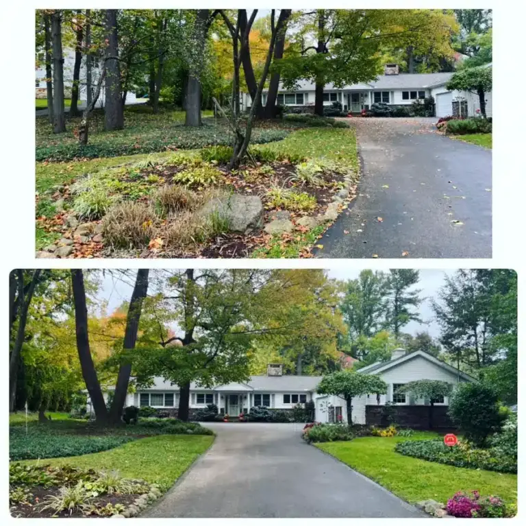 Wooded estate driveway and landscaped tree beds on a large mature-tree property in Hunting Valley, Ohio