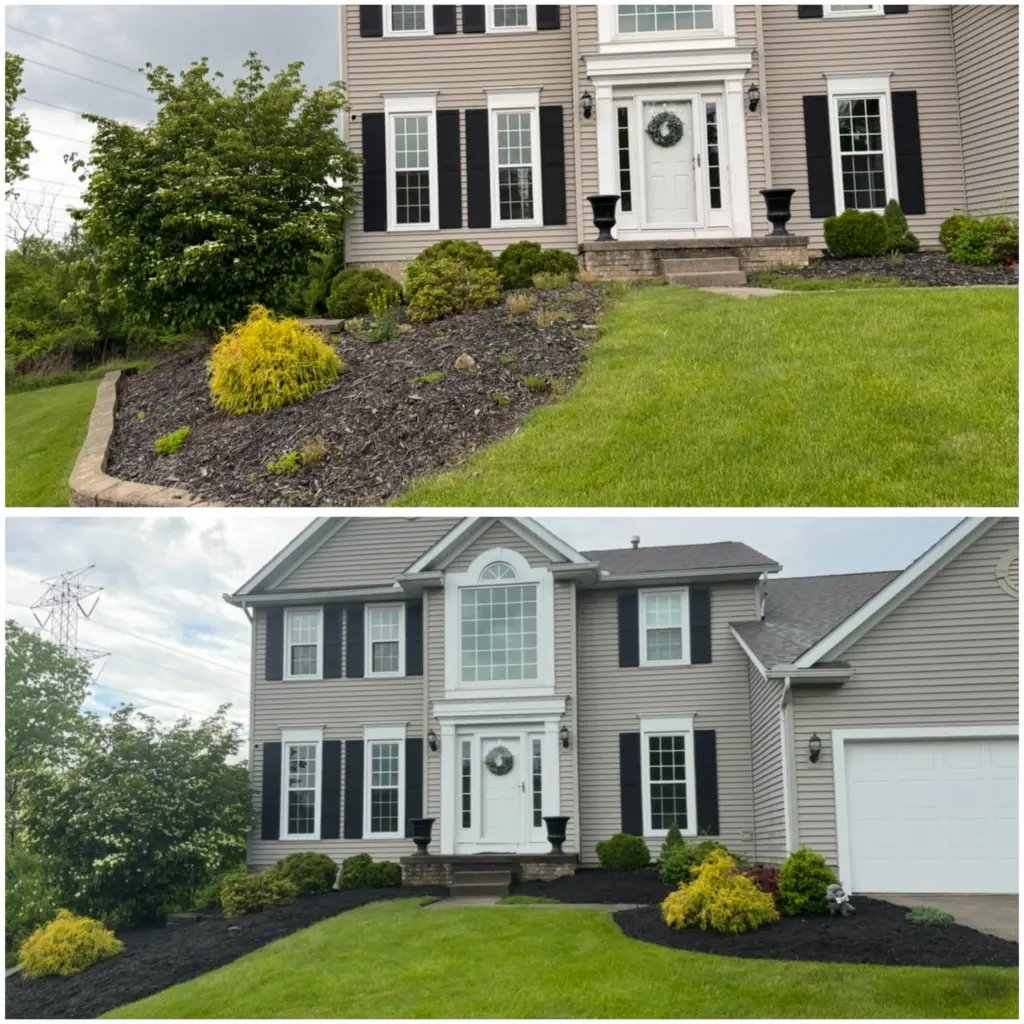 Fresh mulch bed installation at a Northeast Ohio home, before and after