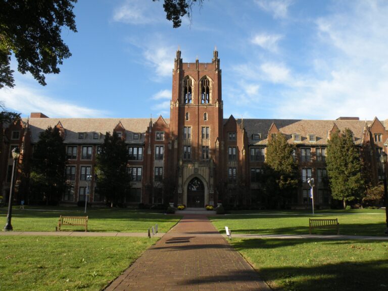 Notre Dame College's Administration Building in South Euclid, viewed past a large leafy tree